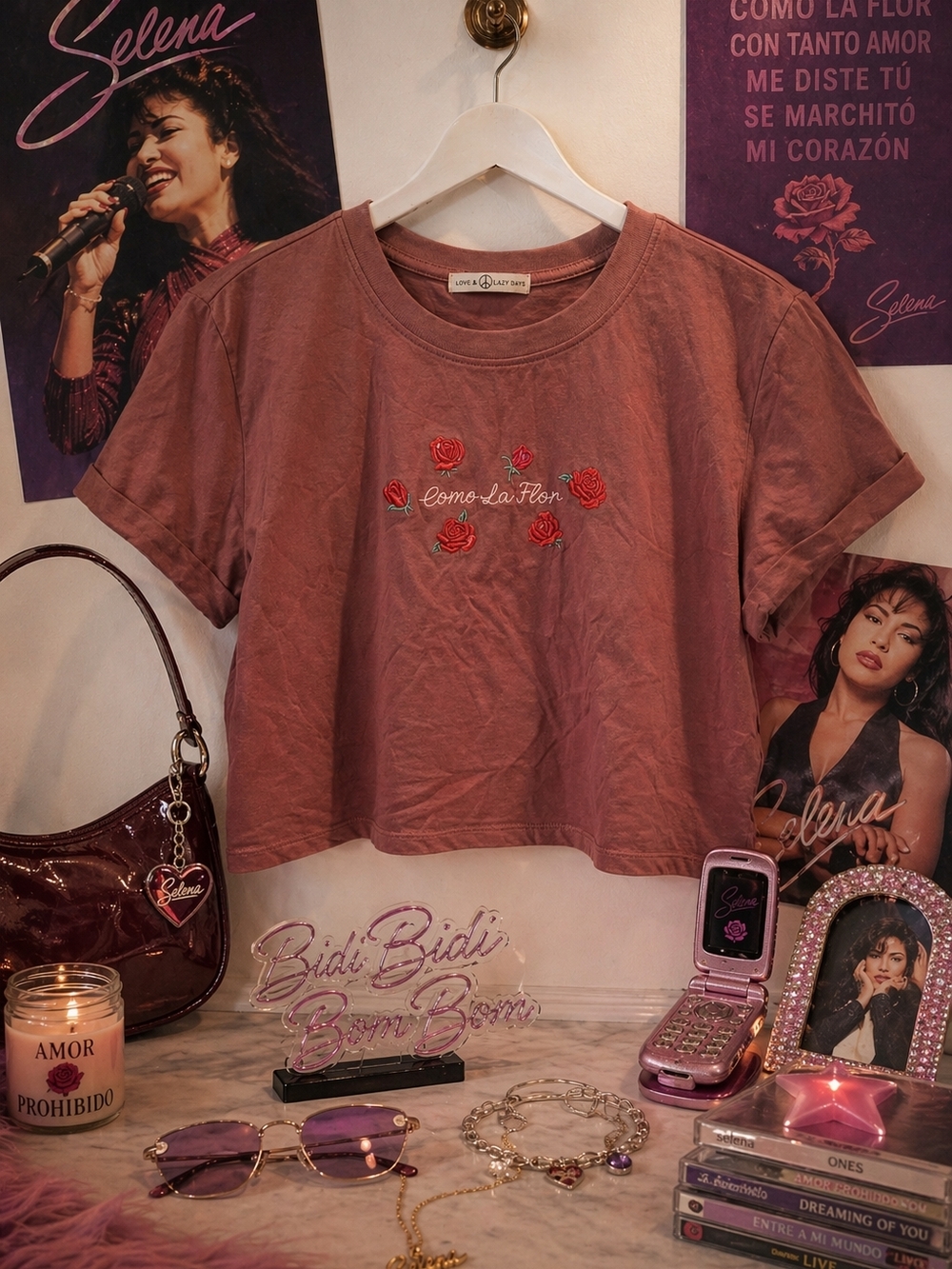Selena Como La Flor Cropped Top Rose Embroidered Cotton Tee Large